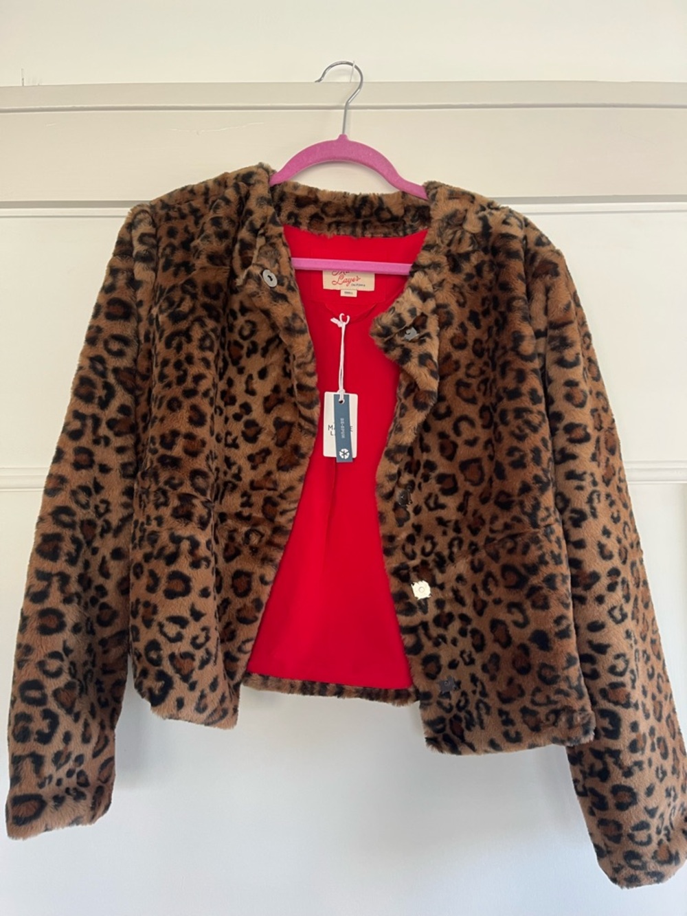Marine Layer Leopard Faux Fur Jacket with Red Lining (new with tags)